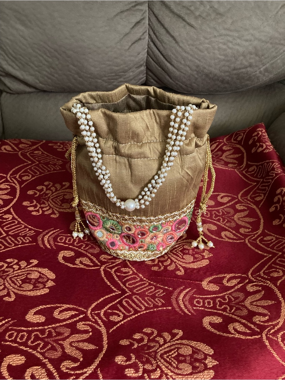 Gold Embroidered Potli Clutch with Pearl Handle